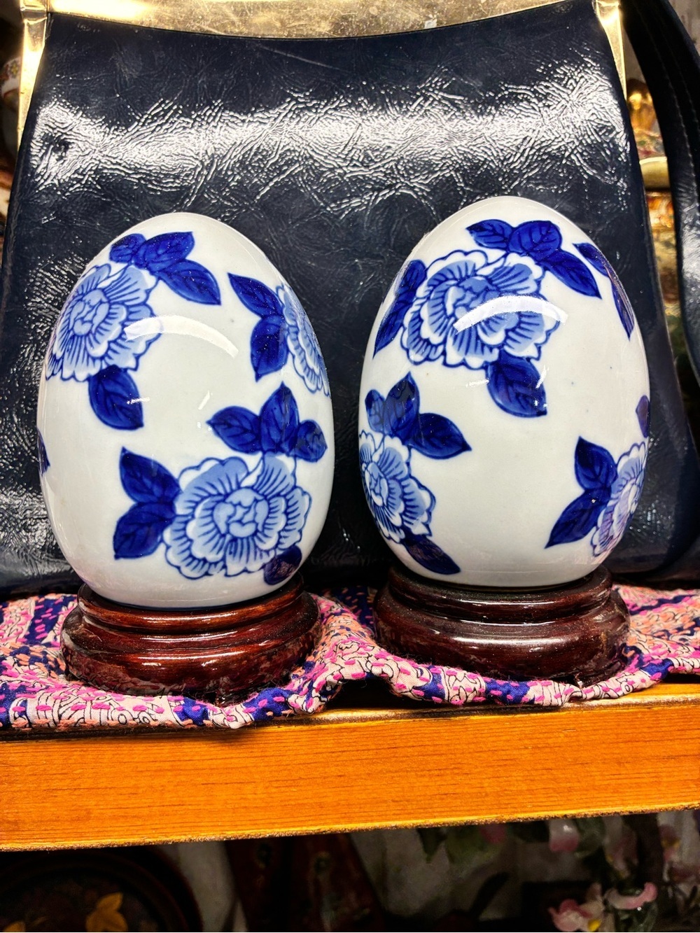 Blue and White Floral Porcelain Egg Pair